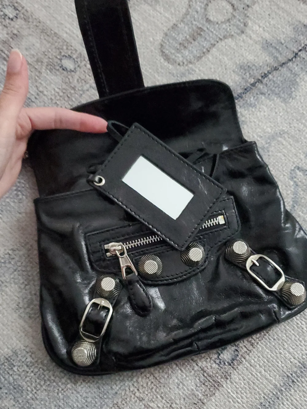 Balenciaga Shiny Black Leather and Silver Pouch Flap Clutch Bag With Mirror